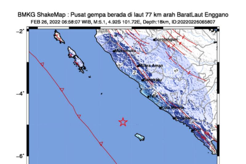 Gempa Magnitudo 5,1 Guncang Bengkulu