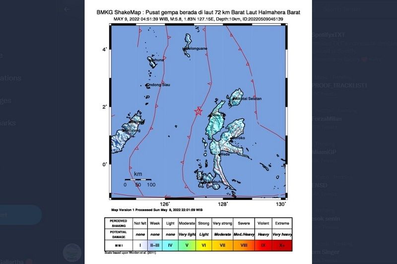 Gempa M 5,8 Guncang Perairan Halmahera Barat