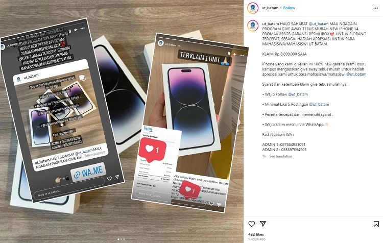 Akun Instagram ut_batam yang diretas dan melakukan penipuan bermodus giveaway.